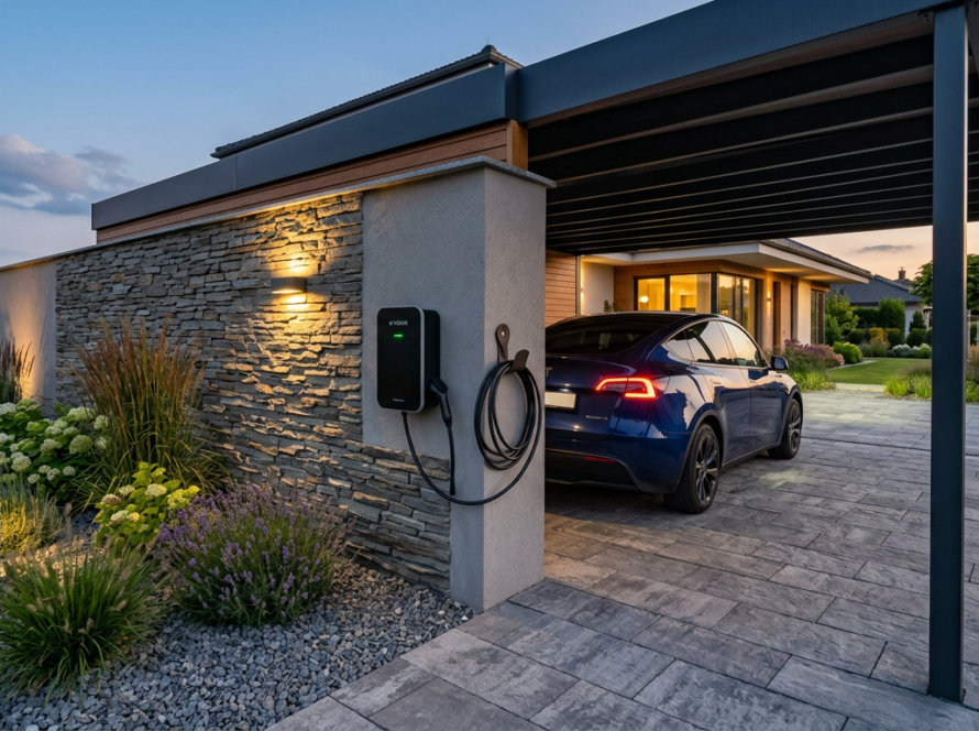 Borne de recharge résidentielle installée devant une maison au crépuscule