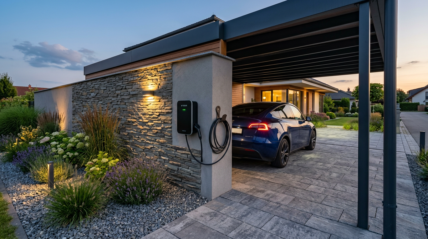 Borne de recharge résidentielle au crépuscule