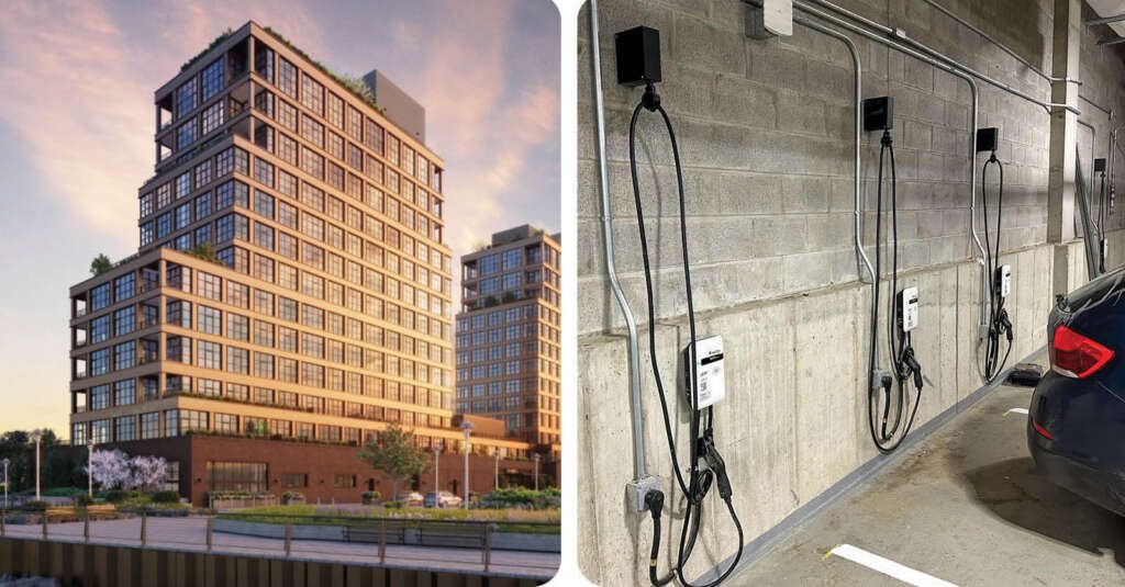 Immeuble à condos et bornes de recharge SWTCH en stationnement intérieur