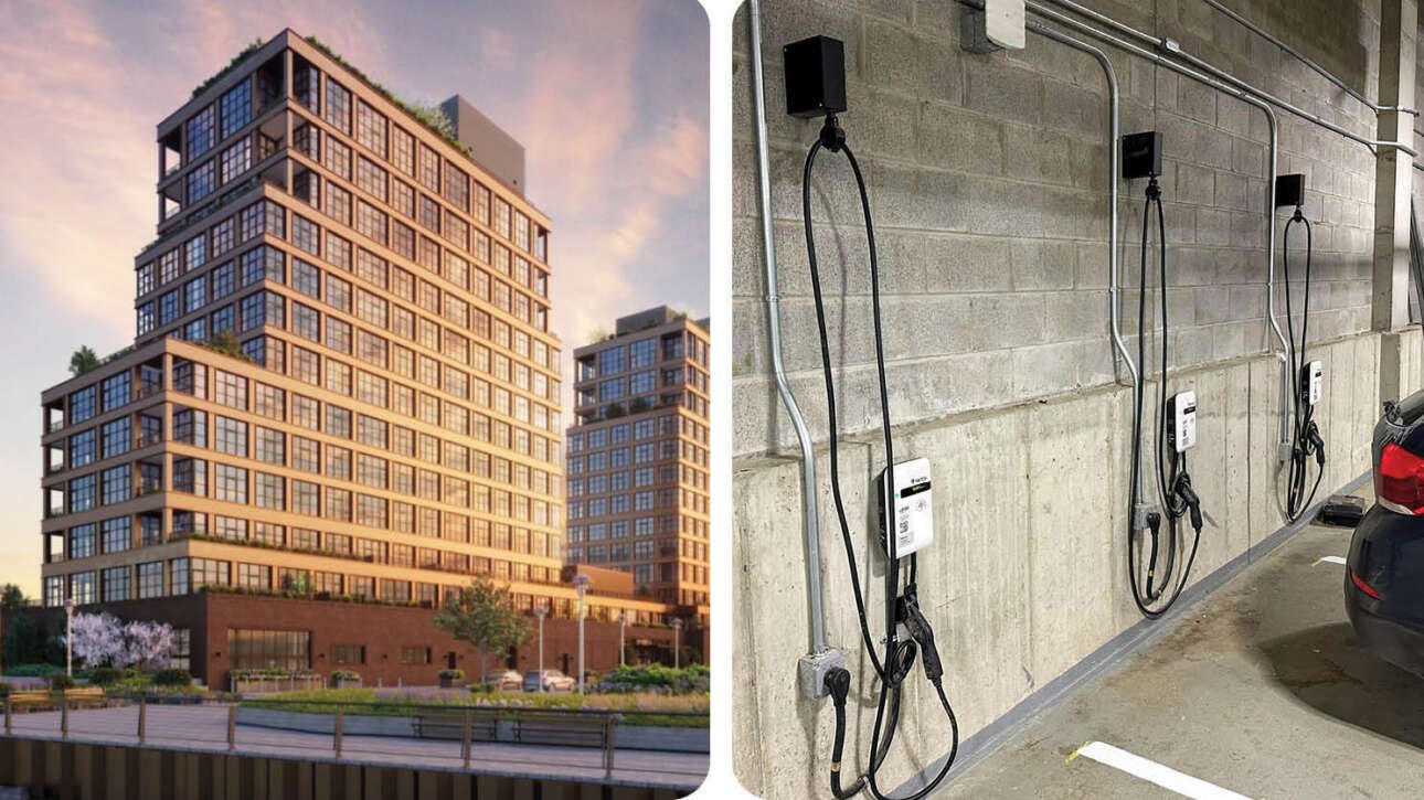 Immeuble à condos et bornes de recharge SWTCH en stationnement intérieur