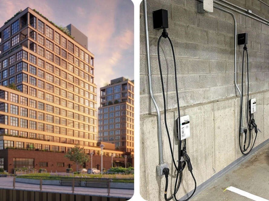 Immeuble à condos et bornes de recharge SWTCH en stationnement intérieur